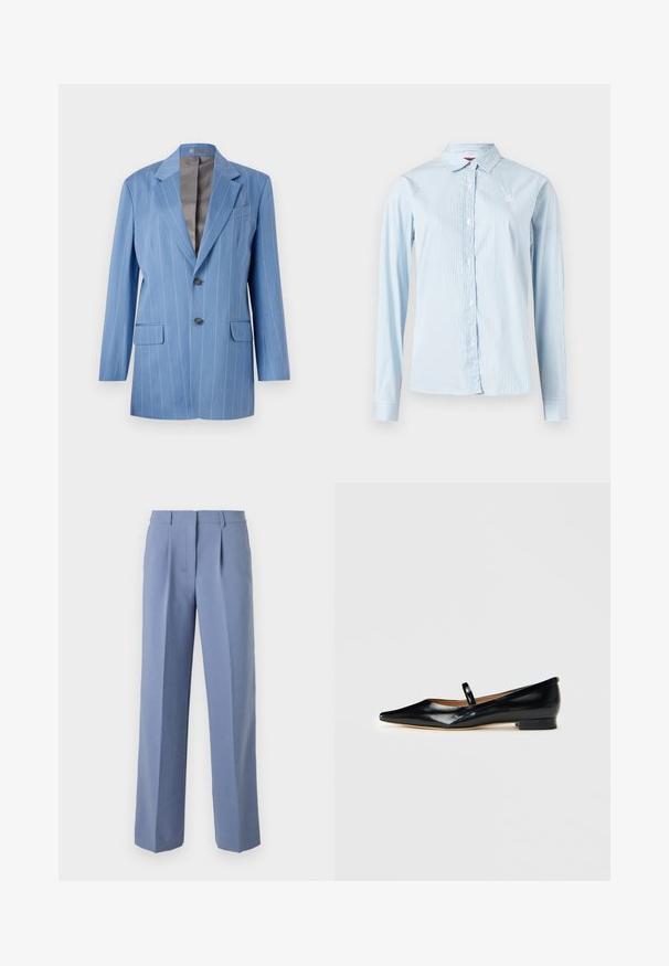 Lyseblå blazer med striber, to forlommer, to knapper og en klippet krave. Har en glat, grå indvendig foring.; Lyseblå langærmet skjorte med vertikale hvide striber, knaplukning foran, spidst krave og lille logo på brystet.; Lyseblå plisserede bukser med et skræddersyet snit, lavet af et glat stof. Har lige ben og en taljebånd i midten.; Sorte patenterede læder Mary Jane flade sko med spids tå, én rem og lav hæl på ensfarvet baggrund.