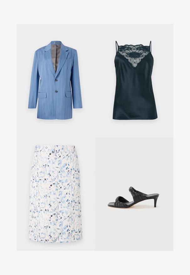 Lyseblå blazer med striber, to forlommer, to knapper og en klippet krave. Har en glat, grå indvendig foring.; Satin camisole i mørkeblå med en blondepanel ved halsudskæringen, med justerbare tynde stropper og en glat tekstur.; Blomstret nederdel med en lys baggrund, blå svulm og mørke accenter, lavet af åndbart stof, knælang design.; Sorte hælede sandaler med firkantet tå, lavet af glat læder. Har samlet remme og en slank hæl for ekstra højde.