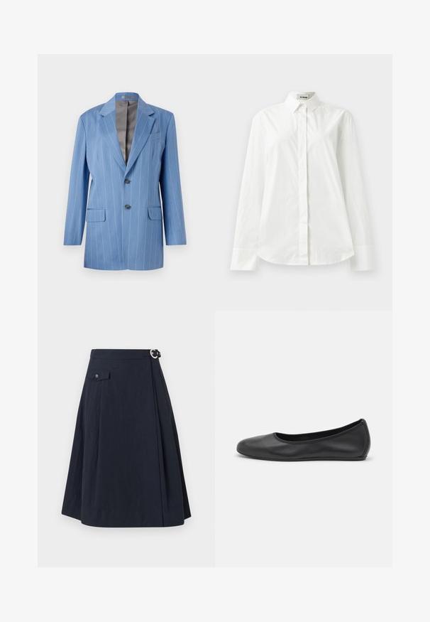 Blazer a rayas finas en azul claro con dos bolsillos frontales, dos botones y un cuello con muesca. Presenta un forro interior suave en gris.; Camisa de algodón blanca de manga larga con collar puntiagudo, cierre frontal de botones y dobladillo redondeado. Textura suave, corte regular y sin patrones.; Falda en línea A de color azul marino con cierre de botón lateral, que presenta un bolsillo frontal y una tela suave y ligera con un ligero brillo.; Bailarina de piel negra con punta redondeada, textura suave, detalle de costura minimalista y diseño de suela flexible.