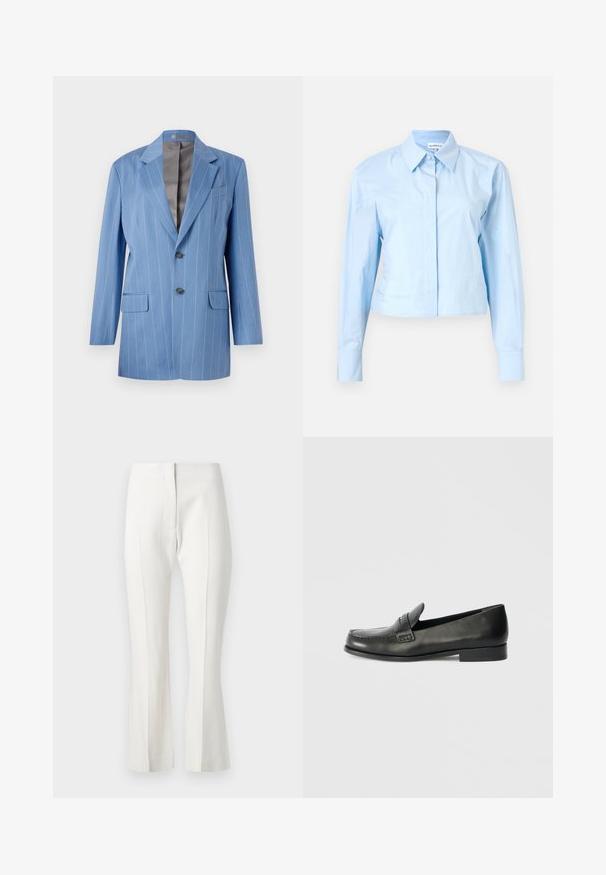 Helles blaues Nadelstreifen-Blazer mit zwei Fronttaschen, zwei Knöpfen und einem Reverskragen. Verfügt über eine glatte, graue Innenauskleidung.; Helles blaues, kurz geschnittenes Langarmhemd mit Button-down-Kragen, aus glattem Stoff. Besitzt eine Vorderblende und strukturierte Manschetten.; Weiße maßgeschneiderte Hose mit ausgestellt geschnittenem Bein, flacher Vorderseite, ohne Taschen und einer glatten Stofftextur.; Schwarze Leder-Slipper mit abgerundeter Spitze, erhöhten Nähdetails und einem niedrigen, gestapelten Absatz. Glatte Textur mit einem dezenten Glanz.