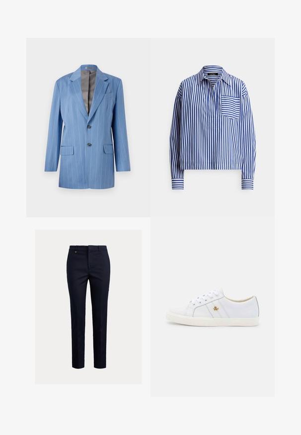 Helles blaues Nadelstreifen-Blazer mit zwei Fronttaschen, zwei Knöpfen und einem Reverskragen. Verfügt über eine glatte, graue Innenauskleidung.; Langärmliges blau-weiß gestreiftes Hemd mit Kragen, einer einzelnen Brusttasche und einer lockeren Passform mit elastischen Bündchen.; Marineblaue Chinos aus Baumwollmischung mit schmal zulaufender Passform, flacher Vorderseite, Seitentaschen und einer einzelnen Gesäßtasche; mit kleinem goldfarbenem Logo.; Lauren Ralph Lauren JANSON II ACTION LEATHER SNEAKER - Sneaker low - real white