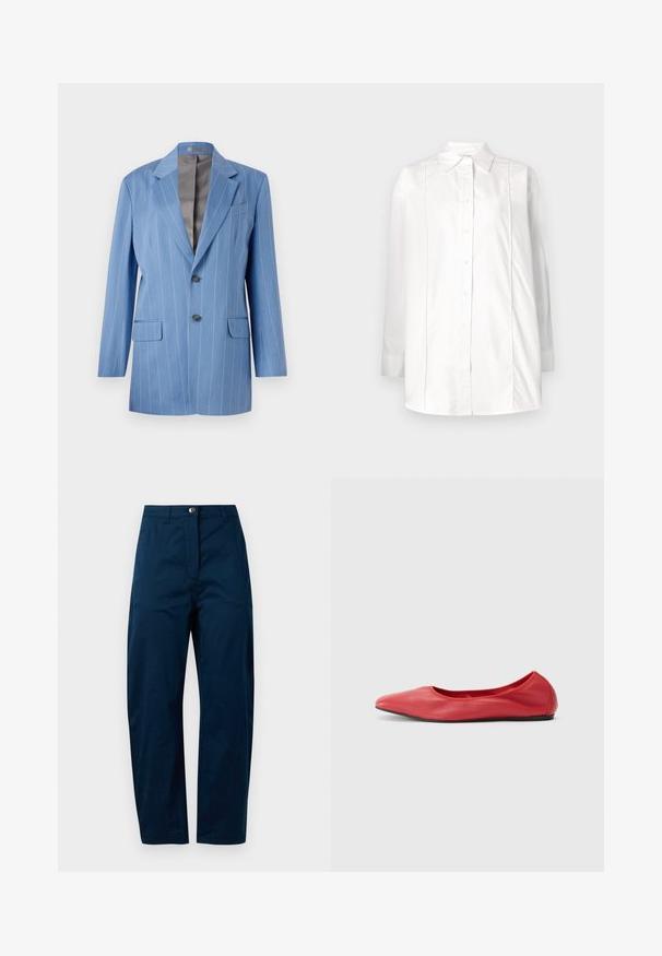 Blazer à rayures bleu clair avec deux poches avant, deux boutons et un col cranté. Présente une doublure intérieure lisse de couleur grise.; Chemise blanche à manches longues en coton, avec un col classique, une fermeture à boutons sur le devant et des détails de pintucks verticaux sur le buste.; Pantalon bleu marine avec une coupe droite, doté d'une fermeture à bouton à l'avant, de deux poches latérales et d'une finition en tissu lisse et texturé.; Filippa K REY FLATS - Ballerines - bright red