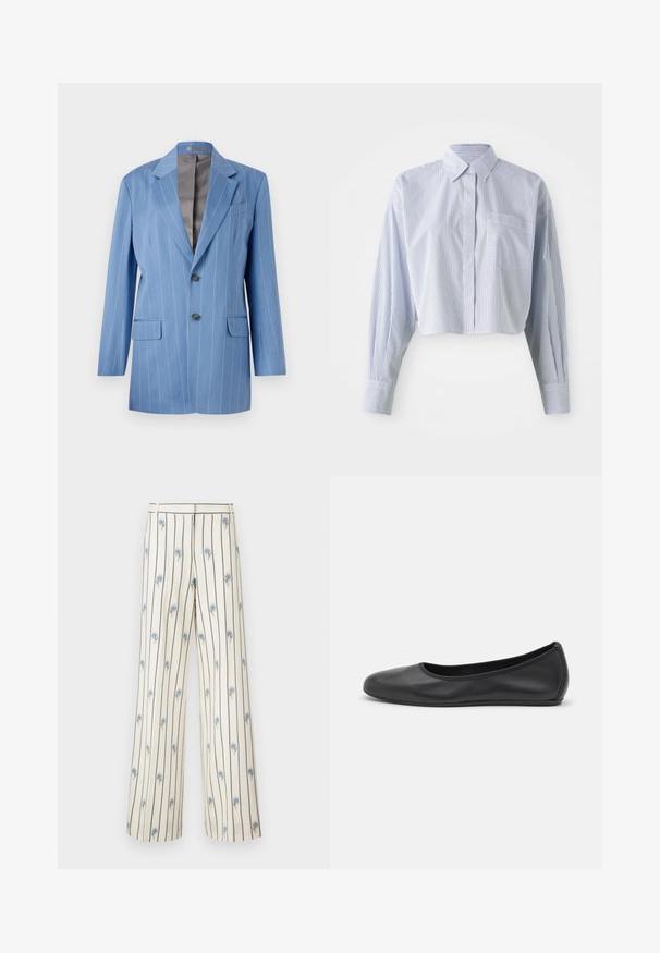 Blazer a rayas finas en azul claro con dos bolsillos frontales, dos botones y un cuello con muesca. Presenta un forro interior suave en gris.; Camisa recortada en rayas verticales azules y blancas, con cuello puntiagudo, mangas largas y un bolsillo frontal. Textura de algodón suave.; Pantalones de pierna ancha hechos de tela crema con rayas verticales oscuras y pequeños bordados florales azules en todo su tejido. Presentan una cinturilla ajustada.; Bailarina de piel negra con punta redondeada, textura suave, detalle de costura minimalista y diseño de suela flexible.