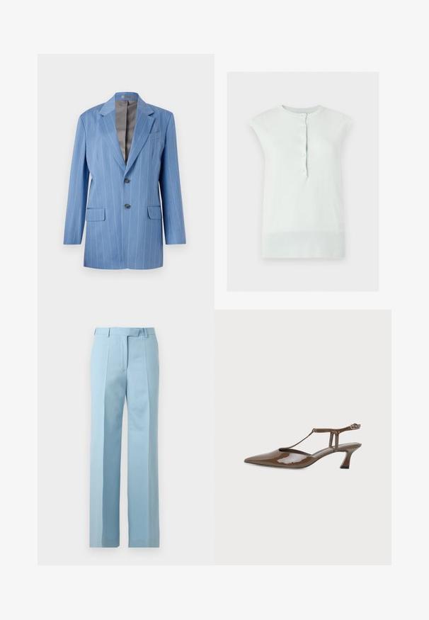 Blazer à rayures bleu clair avec deux poches avant, deux boutons et un col cranté. Présente une doublure intérieure lisse de couleur grise.; Top blanc en maille sans manches avec col et ourlet côtelés, doté d’une patte de boutonnage avant avec cinq boutons.; Pantalon bleu clair sur mesure avec taille haute, passants de ceinture, plis devant et coupe droite sur fond blanc.; Chaussure slingback en cuir verni marron, bout pointu, petit talon kitten, fine bride en T et fermeture à boucle à la cheville.
