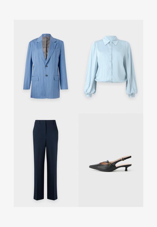 Helles blaues Nadelstreifen-Blazer mit zwei Fronttaschen, zwei Knöpfen und einem Reverskragen. Verfügt über eine glatte, graue Innenauskleidung.; Hofmann Copenhagen FLORA - Hemdbluse - lavender blue; Marineblaue, maßgeschneiderte Hose mit geradem Schnitt, flacher Vorderseite und Gürtelschlaufen. Hergestellt aus glattem Stoff mit leichtem Glanz.; Schwarzer Slingback-Pumps aus Leder mit spitzer Zehenpartie, niedrigem Absatz, Cut-out-Design und goldfarbenem Schnallendetail am Riemen.