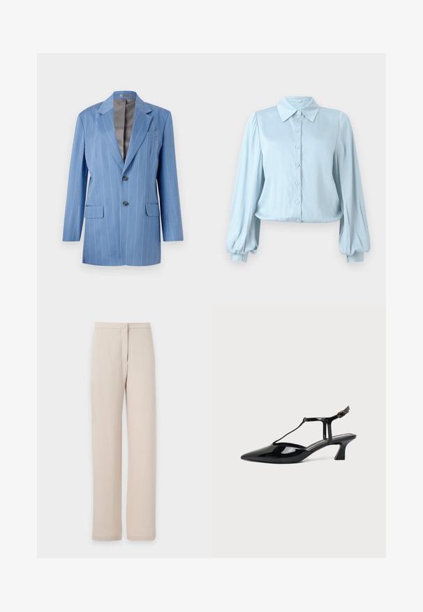 Lyseblå blazer med striber, to forlommer, to knapper og en klippet krave. Har en glat, grå indvendig foring.; Hofmann Copenhagen FLORA - Skjortebluser - lavender blue; Beige bukser med lige ben, høj talje, knaplukning og subtile forreste sømdetaljer på en ensfarvet baggrund.; Sort laklæder spids tå slingback sko med T-rem og lav skrå blokhæl på hvid baggrund.