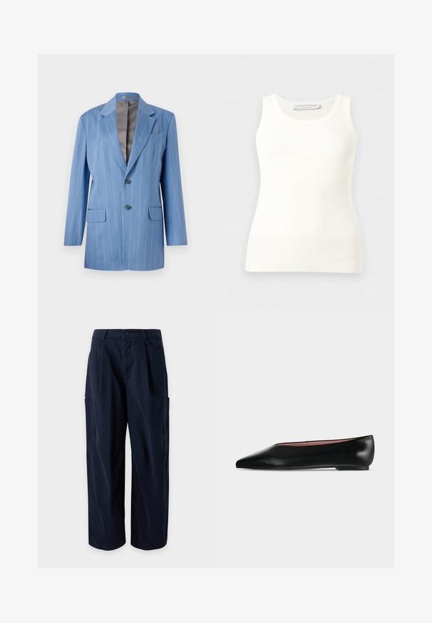 Blazer a rayas finas en azul claro con dos bolsillos frontales, dos botones y un cuello con muesca. Presenta un forro interior suave en gris.; Camiseta sin mangas blanca acanalada con cuello redondo, corte ajustado y etiqueta de la marca en el interior del cuello trasero.; Pantalones cargo azul marino de pierna ancha con trabillas para cinturón, bragueta frontal, bolsillos laterales y dos grandes bolsillos en los muslos, presentados sobre un fondo liso.; Zapato plano negro de cuero para mujer con punta puntiaguda y tacón bajo, mostrado de lado sobre un fondo liso gris claro.