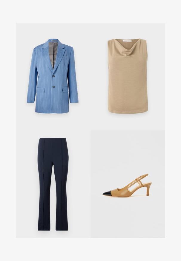 Blazer a rayas finas en azul claro con dos bolsillos frontales, dos botones y un cuello con muesca. Presenta un forro interior suave en gris.; Blusa sin mangas beige con escote drapeado y dobladillo recto, fabricada en tela suave, con etiqueta de Tiger of Sweden en el interior del cuello.; Pantalones azul marino de corte recto con detalles de costuras que recorren verticalmente el frente, exhibidos sobre un fondo claro y liso.; Tacones slingback color tostado con puntera negra puntiaguda, con laterales recortados y tacón cuadrado de altura media. Material de cuero liso.