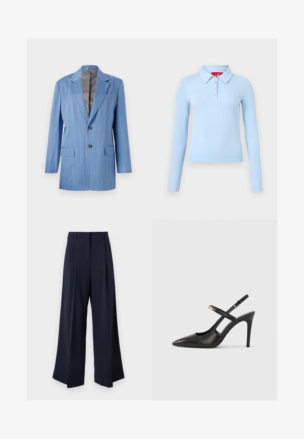 Blazer a rayas finas en azul claro con dos bolsillos frontales, dos botones y un cuello con muesca. Presenta un forro interior suave en gris.; Polo de manga larga azul claro con tejido acanalado, cuello y cuatro botones en la parte delantera, sobre un fondo liso.; Pantalones azul marino de pierna ancha con pliegues frontales, trabillas para cinturón y cierre frontal oculto.; Tacones altos slingback de cuero negro con punta afilada, diseño con recortes y correa ajustable con herrajes metálicos.