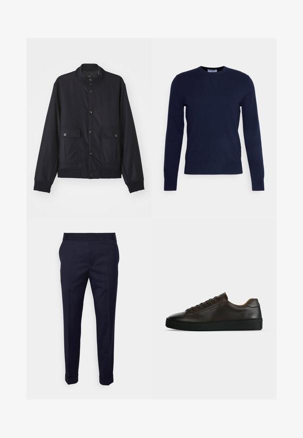 Marineblå jakke lavet af blødt materiale, med høj krave, frontlukning med knapper, to brystlommer og ribbede kanter og manchetter.; Mørkeblå crew-neck sweater lavet af blødt stof, med lange ærmer og ribbet kant. Ingen synlige mønstre eller dekorationer.; Marineblå bukser med en glat tekstur, featuring en elastisk talje og opfoldede manchetter, designet i en tapered fit med sidelommer.; Lavprofil mørkebrune lædersneaker med sort gummisål, snørelukning foran og glat minimalistisk design på lys baggrund.