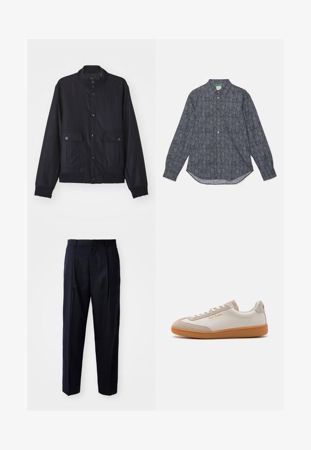 Marineblå jakke lavet af blødt materiale, med høj krave, frontlukning med knapper, to brystlommer og ribbede kanter og manchetter.; PS Paul Smith MENS CASUAL FIT - Skjorter - blues; Marineblå bukser lavet af et glat stof, med en afslappet pasform, plisseret front og standard talje med bæltestropper.; Hvide og beige lavtoppede sneakers med gummisål, hvide snørebånd, detaljer i ruskind og guld "Paul Smith" logo på siden.