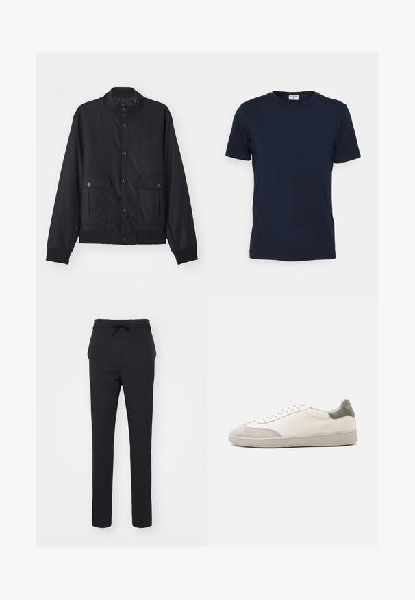 Marineblaue Jacke aus weichem Material, mit hohem Kragen, vorderem Knopfverschluss, zwei Brusttaschen sowie geripptem Saum und Ärmeln.; Navyblaues T-Shirt mit Rundhalsausschnitt aus weicher Baumwolle. Kurze Ärmel mit klassischer Passform, mit einem Etikett am Hals. Glatte Textur, minimalistisches Design.; Schwarze, tapered Hosen aus einem weichen Stoff. Verfügt über einen Kordelzugbund und seitliche Taschen mit glatter Textur.; Weißer niedriger Sneaker mit hellgrauen Wildleder-Akzenten an Zehen und Ferse, weißen Schnürsenkeln und einer flachen beigen Sohle, von der Außenseite gezeigt.