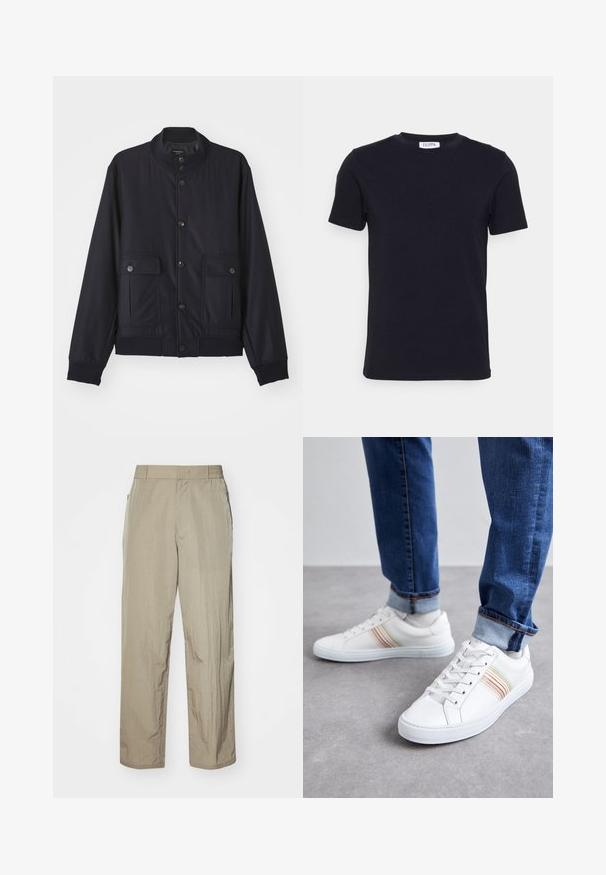 Veste bleu marine en matériau doux, dotée d'un col haut, d'une fermeture à boutons sur le devant, de deux poches poitrine et d'un ourlet et de poignets côtelés.; T-shirt noir à manches courtes avec un col ras-du-cou, muni d'une petite étiquette blanche à l'intérieur du col.; Pantalons légers beiges à coupe décontractée, dotés d'une taille élastique et de poches latérales. Le tissu semble texturé et légèrement froissé.; Baskets en cuir blanc avec des rayures multicolores, design à lacets, semelle en caoutchouc et col rembourré, associées à un jean en denim bleu.