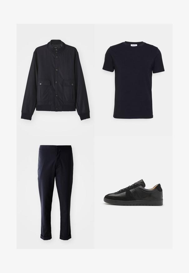 Navy blue jas van zacht materiaal, met een hoge kraag, voor een knoopsluiting, twee borstzakken en een geribde zoom en manchetten.; Zwart T-shirt met korte mouwen en ronde hals, met een klein wit label aan de binnenkant van de halslijn.; Marineblauwe broek met een gladde stof, rechte pasvorm, gemiddelde taillehoogte en opgerolde mouwen. Geen zichtbare zakken of metalen details.; Tiger of Sweden BELLICU - Sneakers laag - black