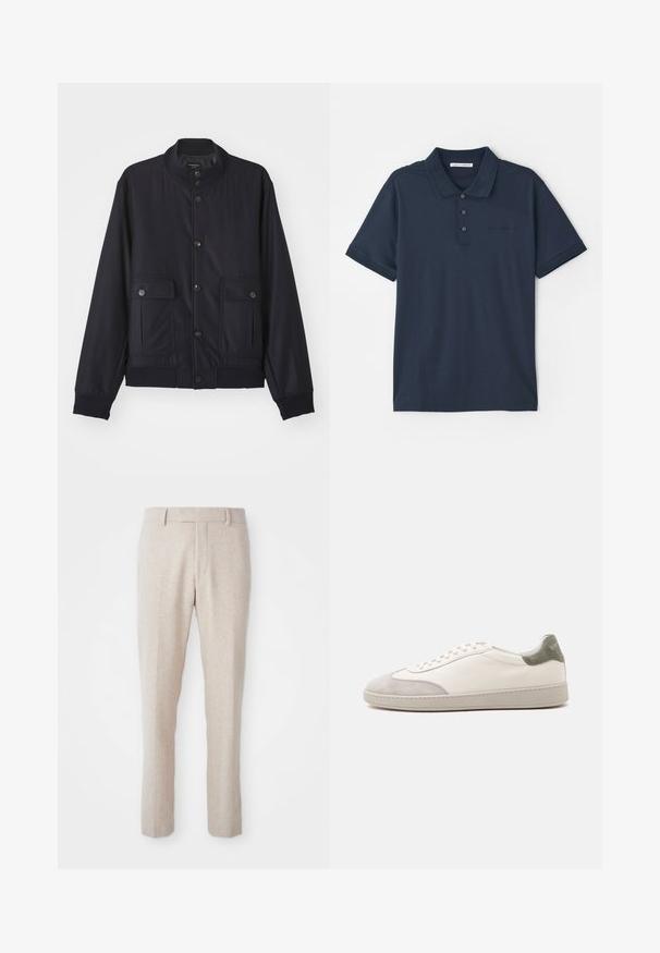 Marineblaue Jacke aus weichem Material, mit hohem Kragen, vorderem Knopfverschluss, zwei Brusttaschen sowie geripptem Saum und Ärmeln.; Marineblaue Poloshirt aus Baumwolle mit einer Knopfleiste mit drei Knöpfen, kurzen Ärmeln und dezentem Logo auf der Brust. Glatte Textur.; Beige Woven-Hosen mit geradem Schnitt, flachem Bund, Gürtelschlaufen und ohne sichtbare Muster oder Hardware-Details.; Weißer niedriger Sneaker mit hellgrauen Wildleder-Akzenten an Zehen und Ferse, weißen Schnürsenkeln und einer flachen beigen Sohle, von der Außenseite gezeigt.