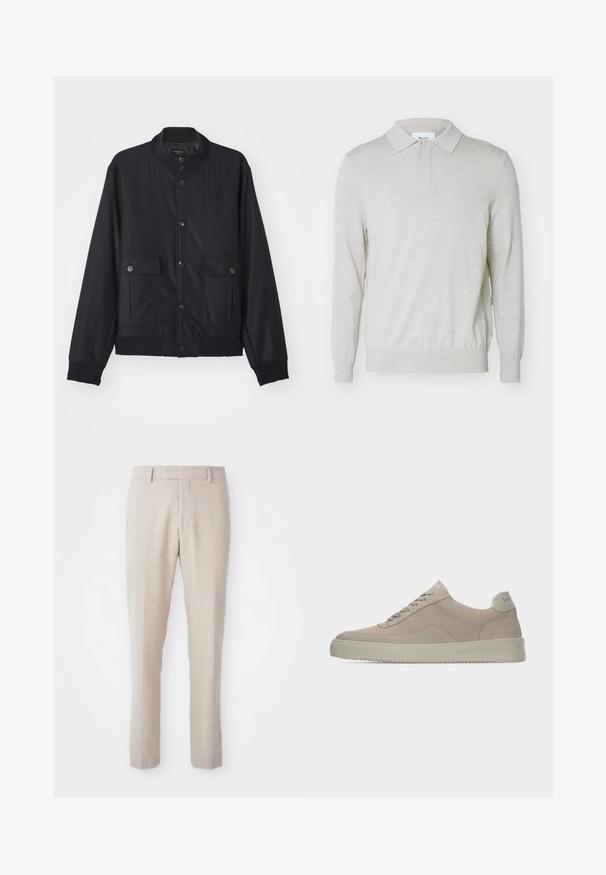 Veste bleu marine en matériau doux, dotée d'un col haut, d'une fermeture à boutons sur le devant, de deux poches poitrine et d'un ourlet et de poignets côtelés.; NN.07 EMERSON - Polo - white pepper; Pantalons tissés beiges à coupe droite, avec une taille plate, des passants de ceinture et sans motifs ni détails matériels visibles.; Baskets en daim beige avec une finition texturée, un bout arrondi et des lacets ton sur ton. Elles présentent une semelle en caoutchouc épaisse et un branding discret sur le talon.