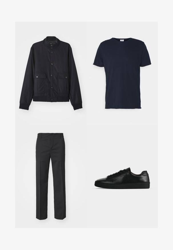 Marineblaue Jacke aus weichem Material, mit hohem Kragen, vorderem Knopfverschluss, zwei Brusttaschen sowie geripptem Saum und Ärmeln.; Marineblaue Baumwoll-T-Shirt mit Rundhalsausschnitt und kurzen Ärmeln, mit einer glatten Oberfläche und einfachem Design, ohne sichtbare Muster oder Akzente.; Filippa K TROY TROUSERS - Stoffhose - black; Schwarzer niedriger Ledersneaker mit schwarzen Schnürsenkeln und dicker schwarzer Sohle, von der Seite auf hellgrauem Hintergrund gezeigt.