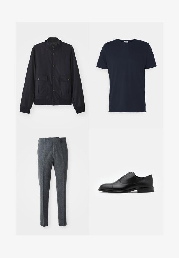 Veste bleu marine en matériau doux, dotée d'un col haut, d'une fermeture à boutons sur le devant, de deux poches poitrine et d'un ourlet et de poignets côtelés.; T-shirt en coton bleu marine avec un col rond et des manches courtes, présentant une texture lisse et un design simple, sans motifs ni accents visibles.; Pantalons en laine gris avec une coupe slim, un devant plat et deux poches latérales. Ils ont une texture lisse et un motif de tissage subtil.; Chaussure habillée en cuir noir avec un bout arrondi, un design à lacets et des détails de couture subtils. Présente un petit talon et une texture lisse.