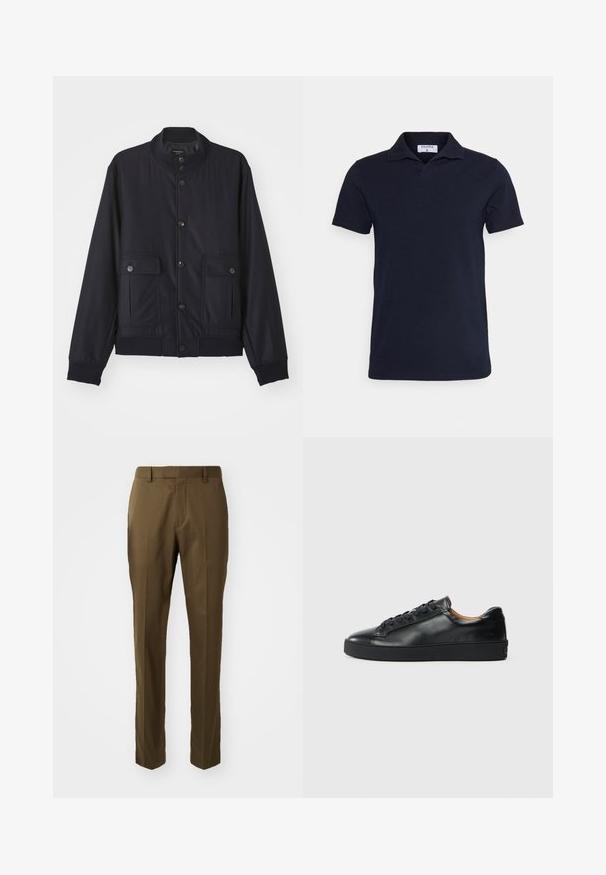Marineblaue Jacke aus weichem Material, mit hohem Kragen, vorderem Knopfverschluss, zwei Brusttaschen sowie geripptem Saum und Ärmeln.; Navyblaues Poloshirt aus Baumwolle mit klassischen Kragen und kurzen Ärmeln. Einfaches Design mit glatter Textur.; Braune maßgeschneiderte Hose im geraden Schnitt, aus glattem Stoff mit seitlichen Taschen und einem Bundfalten vor.; Schwarze Leder-Sneaker mit glatter Textur, runder Zehenpartie und Schnürverschluss. Verfügt über eine dicke Gummisohle und minimalistische Marken-Details.