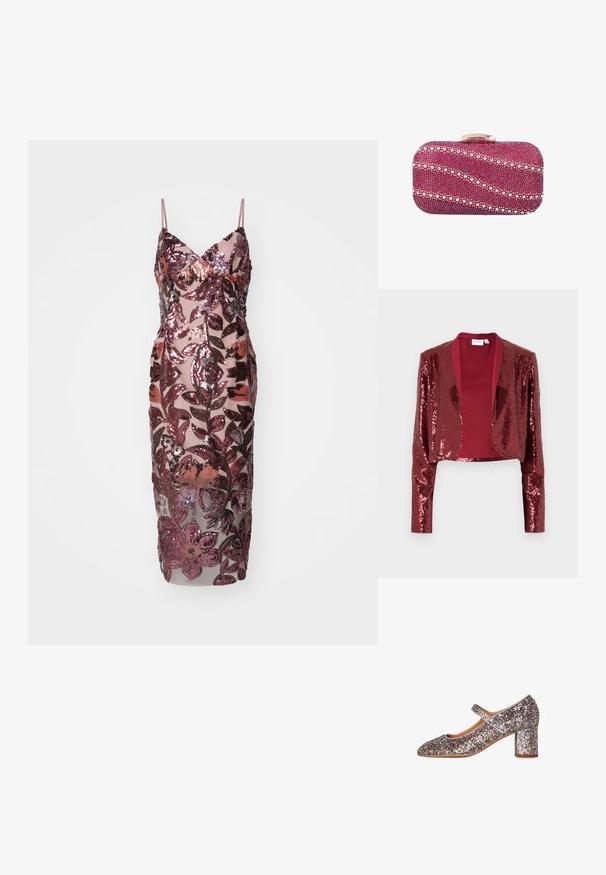 Burgundy kort jakke dækket af paletter, med sjalskrave og lange ærmer. Glat inderforing uden lukninger.; Glitrende ærmeløs kjole i gennemsigtig stof med pink palietblomsterdesign. Har V-udskæring og tætsiddende silhuet, der når til midten af læggen.; Glitrende Mary Jane sko med en tekstureret glitrende overdel, sølv accenter, og en chunkyhæl, der har en rund tå og justerbar rem.; Lille rektangulært lyserødt clutch, dekoreret med diagonale perle- og rhinestone-mønstre og en guldlås på toppen.