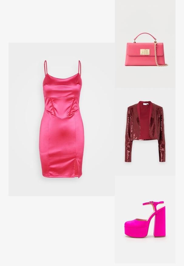 Chaqueta corta burdeos cubierta de lentejuelas, con un cuello de chal y mangas largas. Forro interior suave sin cierres.; WAL G. CALEB CORSET MINI - Vestido de cóctel - fuchsia; Walk London PHEONIX CLOSED TOE PLATFORM - Zapatos altos - pink; Bolso pequeño de cuero rosa con asa superior y correa de cadena dorada, que presenta un cierre rectangular dorado en la solapa frontal.