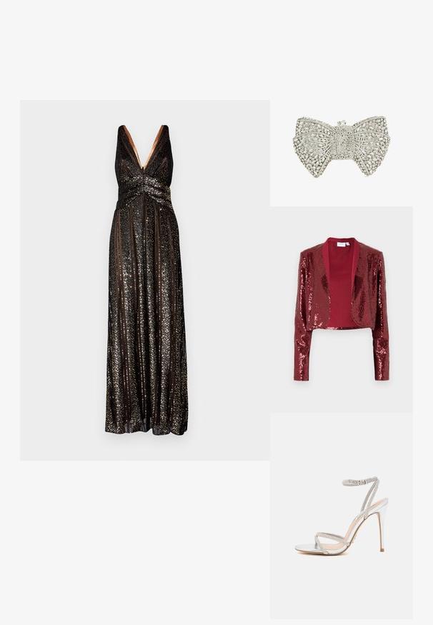 Veste courte bordeaux recouverte de sequins, dotée d'un col châle et de manches longues. Doublure intérieure lisse sans fermetures.; Halston ESRA STRIPED - Robe de cocktail - black; Sandale à talons hauts en argent avec des fines lanières, ornée de strass, présentant un design épuré et un bout pointu.; Pochette en forme de nœud en ton argent, ornée de strass transparents et d'un fermoir en cristal sur le dessus.