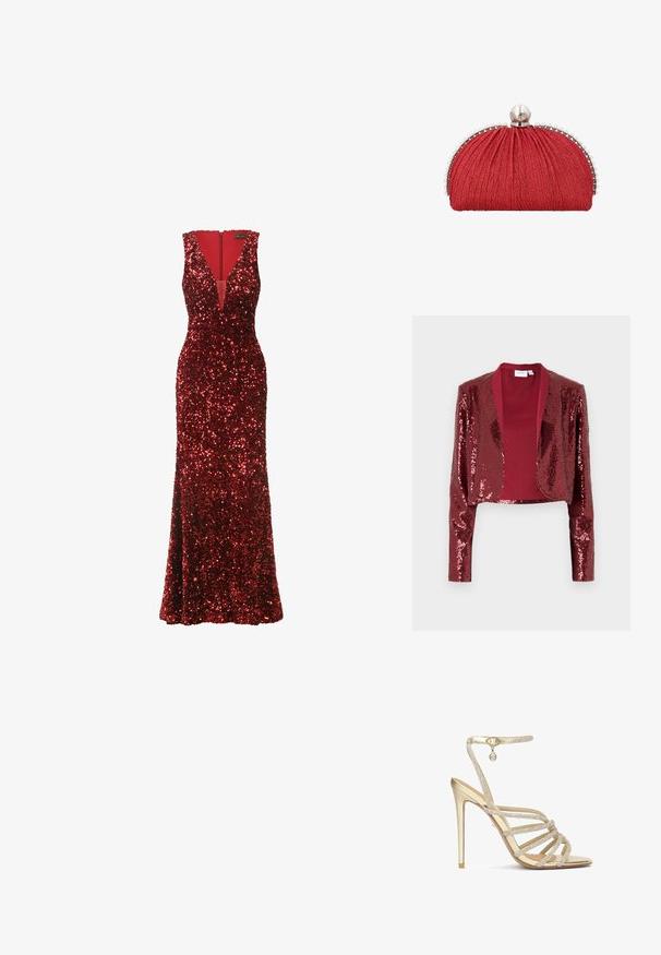 Burgundy kort jakke dækket af paletter, med sjalskrave og lange ærmer. Glat inderforing uden lukninger.; Lang rød kjole dækket med pailletter, med en dyb V-udskæring, ærmeløs design og en tætsiddende silhuet, der flarer ud i bunden.; Guld højhælede sandaler med flere krystalbesatte stropper og en ankelrem, med en glat metallisk finish og en spids tå.; Rød stof clutch taske med opsamlet tekstur, sølvkant pyntet med små perler og en stor perle-lukning på toppen.