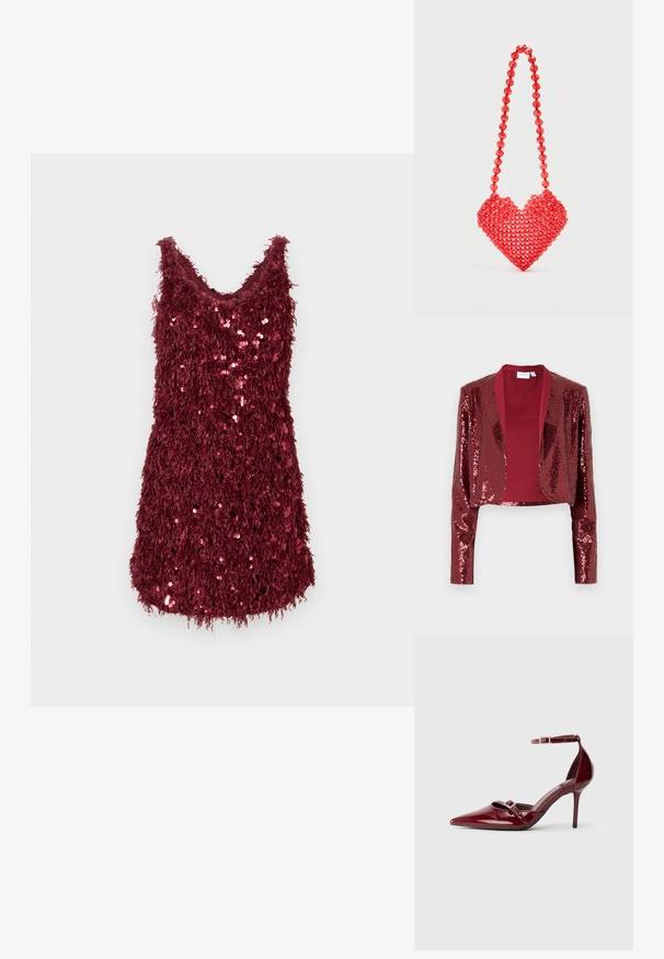 Chaqueta corta burdeos cubierta de lentejuelas, con un cuello de chal y mangas largas. Forro interior suave sin cierres.; Vestido corto sin mangas en rojo oscuro con tejido texturizado y lentejuelas brillantes esparcidas por la parte delantera para un look festivo.; Zapatos de charol burdeos de tacón alto con punta afilada, correa para el tobillo y detalles decorativos de hebilla plateada. Textura suave y diseño elegante.; Bolso de mano rojo con cuentas en forma de corazón con una correa a juego de cuentas sobre un fondo blanco liso.