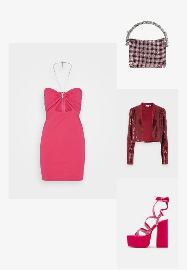 Burgundy kort jakke dækket af paletter, med sjalskrave og lange ærmer. Glat inderforing uden lukninger.; WAL G. WINONA CUT OUT MINI - Jerseykjole - fuchsia; Steve Madden CHAMPAGNE - Plateausandaler - pink; Lille håndtaske besat med lyserøde rhinsten og et buet håndtag lavet af store klare perler.