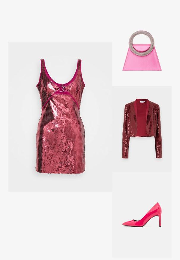 Burgundy kort jakke dækket af paletter, med sjalskrave og lange ærmer. Glat inderforing uden lukninger.; Pailletkjole i skinnende pink med en tætsiddende design. Har en dyb udskæring, brede stropper og en dekorativ hardwaredetalje foran.; Lyst rød patentlæder højhælet pumpe med spids tå og slank silhuet, der har en tynd stilethæl og sort inderside.; myMo at night Håndtasker - pink