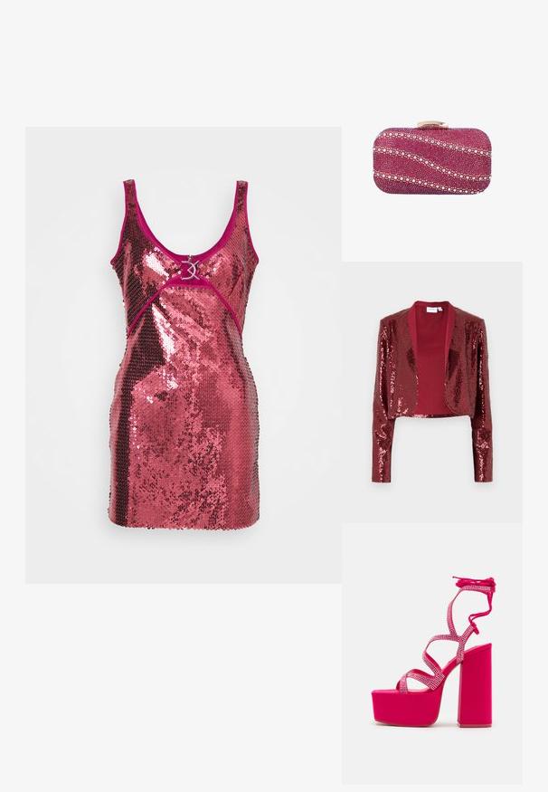 Burgundy kort jakke dækket af paletter, med sjalskrave og lange ærmer. Glat inderforing uden lukninger.; Pailletkjole i skinnende pink med en tætsiddende design. Har en dyb udskæring, brede stropper og en dekorativ hardwaredetalje foran.; Steve Madden CHAMPAGNE - Plateausandaler - pink; Lille rektangulært lyserødt clutch, dekoreret med diagonale perle- og rhinestone-mønstre og en guldlås på toppen.