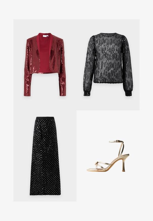 Chaqueta corta burdeos cubierta de lentejuelas, con un cuello de chal y mangas largas. Forro interior suave sin cierres.; Top negro con lentejuelas, de manga larga, con tejido transparente, escote redondo, texturizado con patrones de lentejuelas verticales, puños elásticos y dobladillo recto.; Falda larga de terciopelo negro adornada con un patrón de lentejuelas en forma de diamante, con una cinturilla suave y una silueta recta.; Sandalia metálica dorada de tacón alto con finas correas cruzadas, hebilla en el tobillo y un pequeño detalle decorativo redondo cerca de los dedos.
