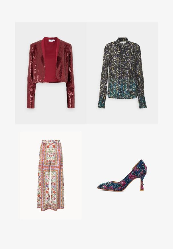 Chaqueta corta burdeos cubierta de lentejuelas, con un cuello de chal y mangas largas. Forro interior suave sin cierres.; Patrizia Pepe CAMICIA - Blusa - dark multicolor; Pantalones de pierna ancha con cintura elástica que presentan un estampado de pañuelo multicolor con motivos florales y geométricos en naranja, púrpura, rojo, verde y amarillo.; Zapato de tacón alto con punta afilada cubierto de tachuelas y púas multicolores en tonos azules, rosas y verdes sobre una suela beige.