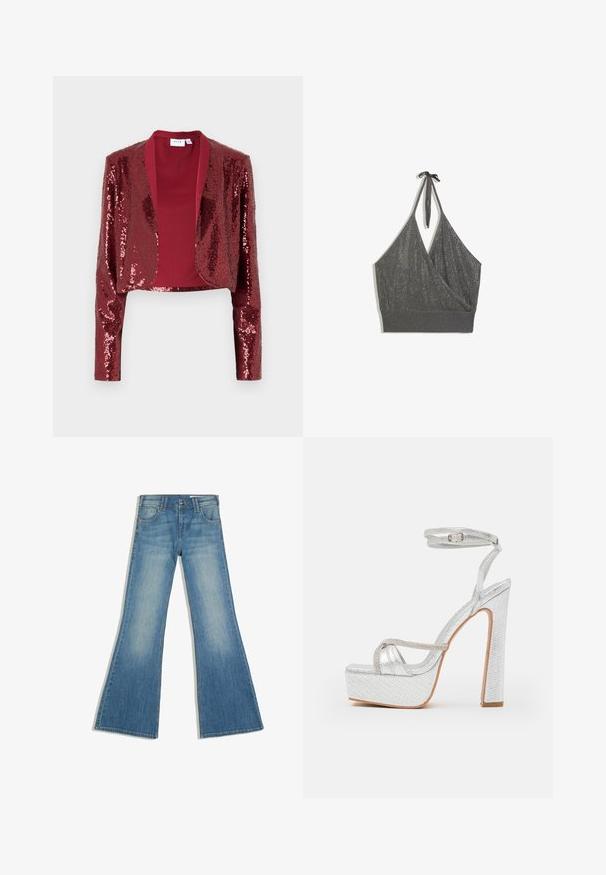 Burgundy kort jakke dækket af paletter, med sjalskrave og lange ærmer. Glat inderforing uden lukninger.; Grå halterneck strikket croptop med omslag foran og bred ribbet kant på hvid baggrund.; Blå denimjeans med flared ben, forlommer og knaplukning, vist mod en hvid baggrund.; Sølv platform sandaler med tekstureret materiale, ankelrem og rhinsten accent. Firkantet tå og høj blokhælkonstruktion.