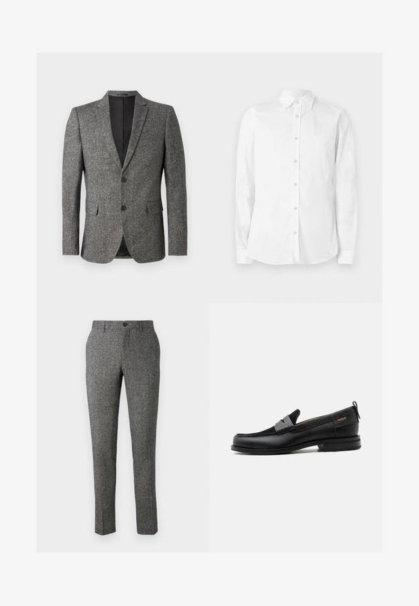 Lindbergh Veste de costume - black mix; Chemise blanche à manches longues avec boutons, fabriquée en coton. Comprend un col pointu et un petit logo brodé sur la poitrine. Texture lisse.; Lindbergh PANTS - Pantalon classique - brown; Mocassin en cuir noir avec détail de bride grise, talon bas et semelle texturée, marqué "HUGO" en or sur le côté.