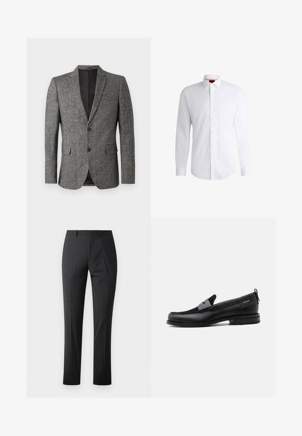 Lindbergh Americana - black mix; Camisa blanca de botones, confeccionada en tela suave, con collar clásico, mangas largas y dobladillo curvado. Presenta botones beige en la parte delantera.; Pantalones oscuros grises a medida con una textura suave, corte ajustado, frente plano y cinturilla estándar. Presentan pliegues marcados y sin patrones visibles.; Mocasín de cuero negro con detalle de tira gris, tacón bajo y suela texturizada, con la marca "HUGO" en oro en el lateral.