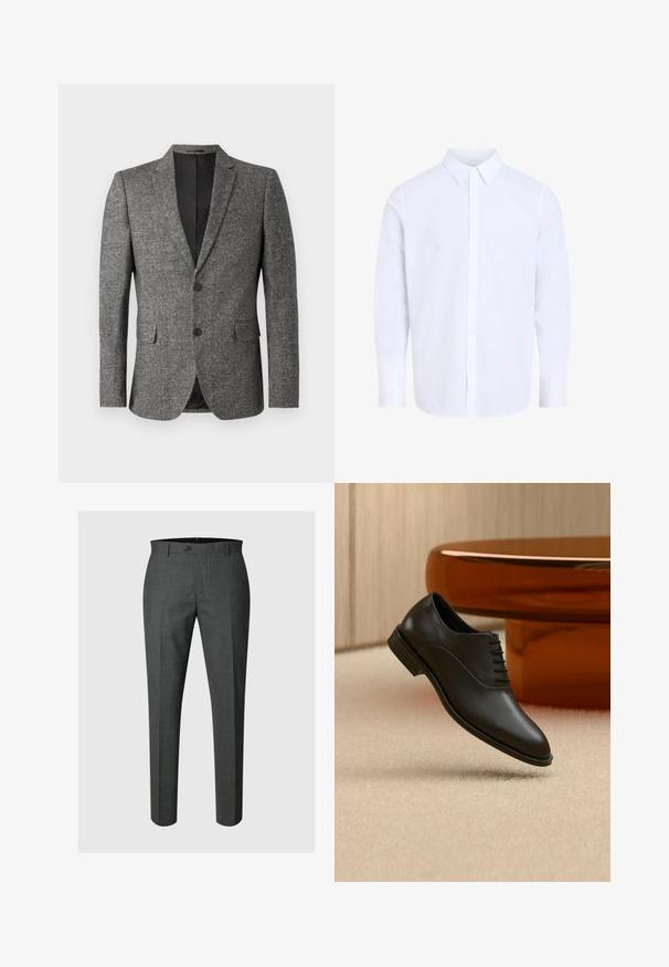 Lindbergh Blazere - black mix; Hvid, langærmet skjorte med knapper, klassisk krave, lavet af glat stof, med knapstolpe foran og afrundet kant.; Mørkegrå skræddersyede formelle bukser med knaplukning og bæltestropper, vist mod en lysegrå baggrund.; Sort poleret læder snøresko til fest, der svæver over beige tæppe, med stort rundt glasbord i ravfarve i baggrunden.