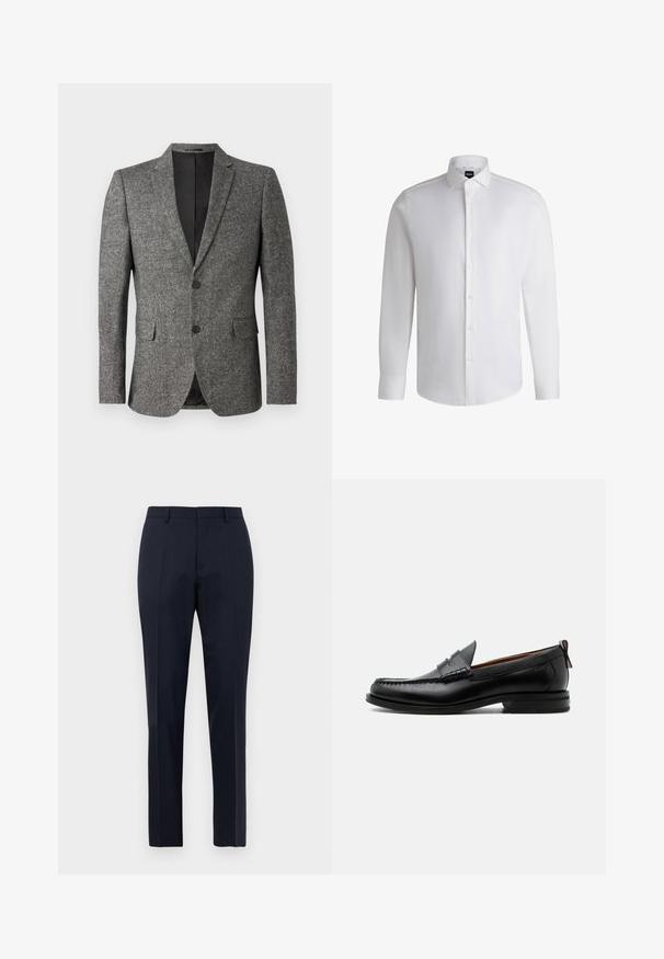 Lindbergh Blazere - black mix; Hvid langærmet skjorte lavet af glat bomuld, med klassisk krave, fuld knaplukning og knapmanchetter. Minimalistisk design.; Mørkeblå skræddersyede herrebukser med subtilt ternet mønster, bæltestropper og frontfold, vist forfra på hvid baggrund.; Sort læder herre loafer med moc-tå syning, penny strop, struktureret krave og lav stablet hæl på hvid baggrund.