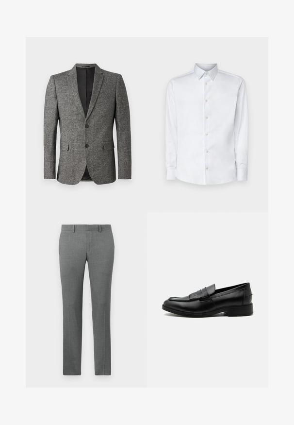 Lindbergh Blazerjasje - black mix; Witte lange mouw shirt gemaakt van gladde stof, met een klassieke kraag, knoopsluiting en manchetten met knopen, gepresenteerd tegen een effen achtergrond.; Grijze op maat gemaakte broek met een gladde textuur, rechte pijpdesign, riemlussen en een subtiel visgraatpatroon doorheen.; Zwarte leren herensloffen met kwastdetail, afgeronde neus, lage hak en glad gepolijst oppervlak, zij-aanzicht op een witte achtergrond.