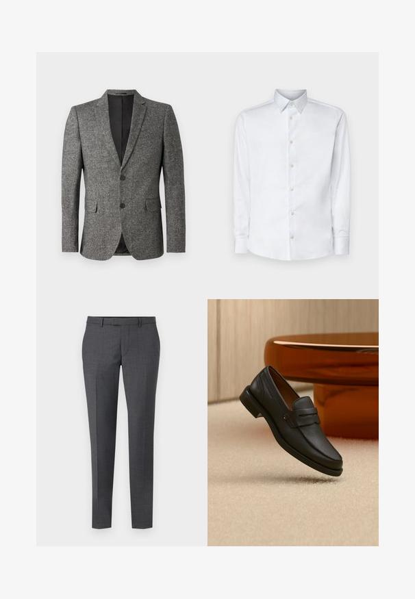 Lindbergh Blazere - black mix; Hvid langærmet skjorte lavet af glat stof, med en klassisk krave, knaplukning og manchetter med knapper, vist på en ensfarvet baggrund.; Grå skræddersyede bukser med en glat tekstur, lige pasform, flad front og bæltesløjfer. Har et subtilt ternet mønster og en kant ned foran.; Sort læder herreloafer med bånd tværs over toppen, vist på beige tæppe nær et brunt moderne rundt bord.