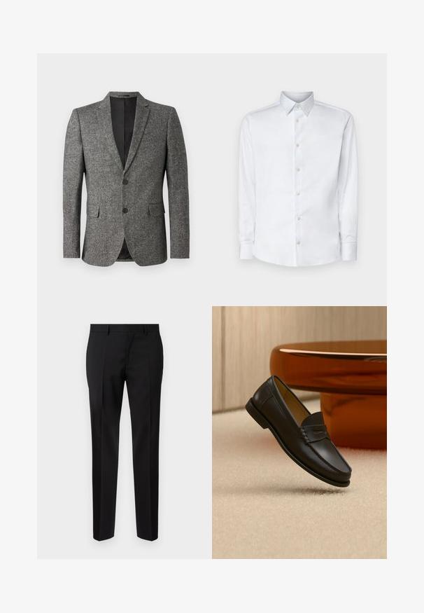 Lindbergh Veste de costume - black mix; Chemise blanche à manches longues en tissu lisse, dotée d'un col classique, d'une patte de boutonnage et de poignets avec boutons, présentée sur un fond uni.; Pantalons noirs ajustés en tissu lisse, présentant une jambe droite, des détails de pli raffinés et une taille classique avec passants de ceinture.; Chaussure mocassin en cuir noir suspendue au-dessus d’un tapis beige avec du mobilier moderne couleur ambre en arrière-plan.