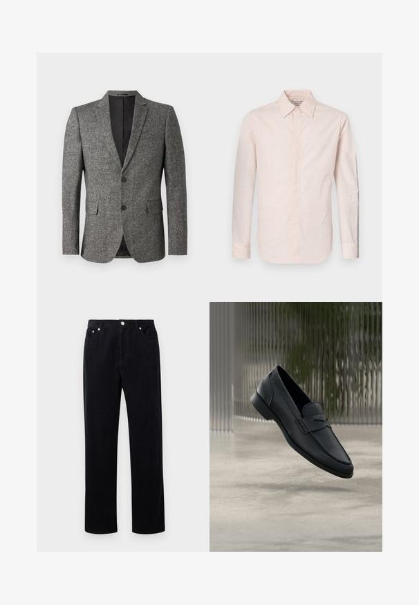 Lindbergh Blazere - black mix; Lyserød langærmet skjorte lavet af glat stof, med spidse kraver, knaplukning og en let buet kant.; Sorte fløjl bukser med lige ben-design, der har en knap- og lynlåslukning, fem lommer og et blødt, tekstureret stof.; Sort læderloafer med glat finish, spids tå og sømdetaljer over vristen. Lav hæl og minimalistisk design.