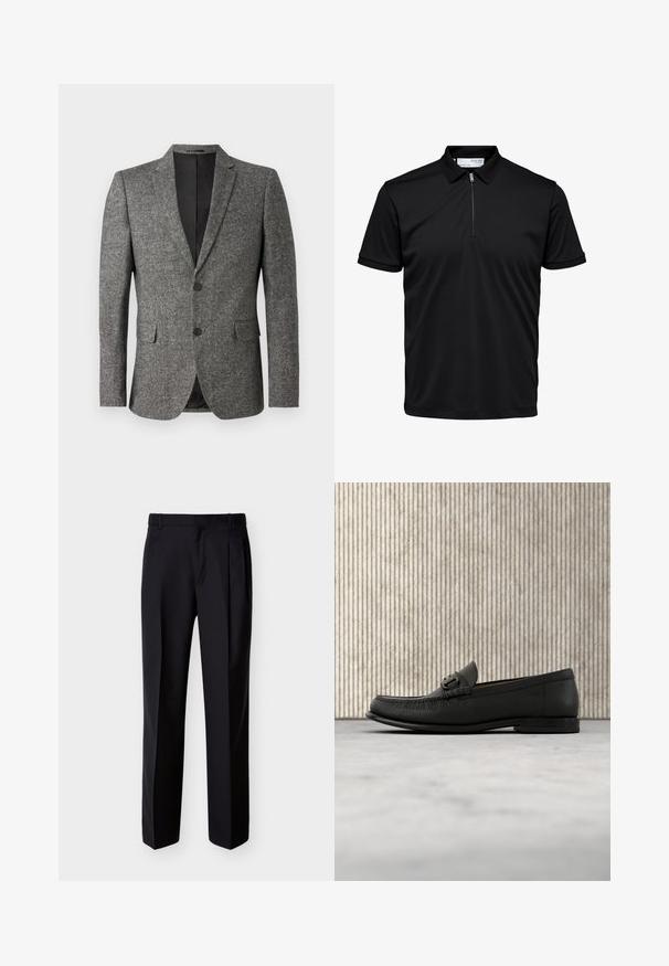 Lindbergh Americana - black mix; Polo negro de manga corta con cuello con cremallera y puños texturizados, mostrado sobre un fondo blanco.; Pantalones negros hechos a medida con corte recto, pinzas delanteras y bolsillos laterales. Elaborados con una tela suave y ligera con un patrón sólido.; Mocasín de cuero negro con detalle metálico, exhibido sobre una alfombra beige, con una mesa redonda marrón en el fondo.