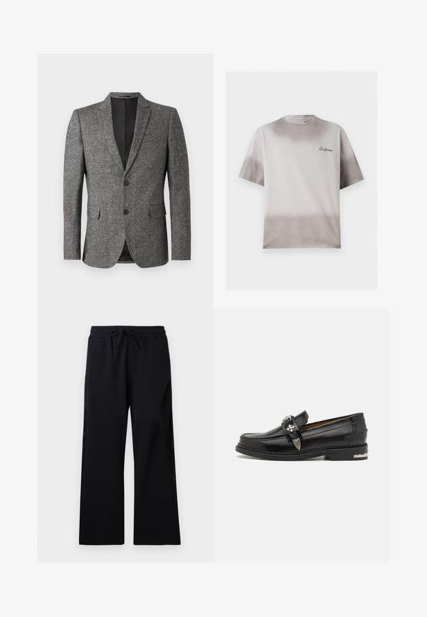 Lindbergh Americana - black mix; Camiseta de manga corta gris claro con degradado gris más oscuro en la parte superior e inferior, pequeño logo de texto negro en el pecho izquierdo.; Les Benjamins Pantalones deportivos - black; Mocasines de cuero negro con herrajes decorativos plateados, un diseño de estilo mocasín en la parte superior, costuras detalladas y un tacón apilado.