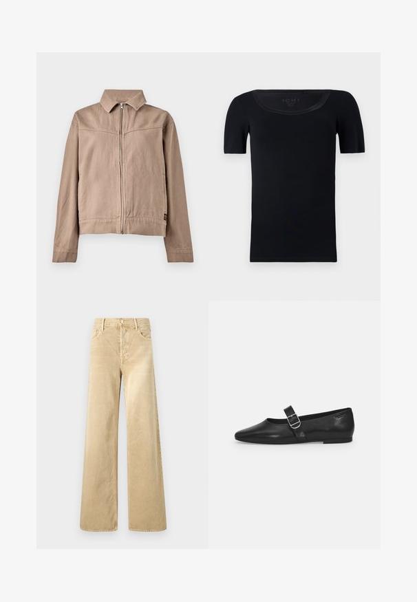 Veste en coton beige avec col, fermeture éclair sur le devant et manches longues. Présente un tissu texturé et une petite étiquette avec logo à l'ourlet.; T-shirt noir à manches courtes en coton doux. Présente un col large et une coupe ajustée avec une texture lisse et sans motifs visibles.; Pantalon ample en velours côtelé beige avec une texture lisse, doté d'une fermeture à boutons et d'un design classique à cinq poches.; Chaussure plate en cuir noir avec un bout arrondi, une seule sangle réglable à boucle et une texture lisse et brillante. Design minimaliste avec un petit talon.