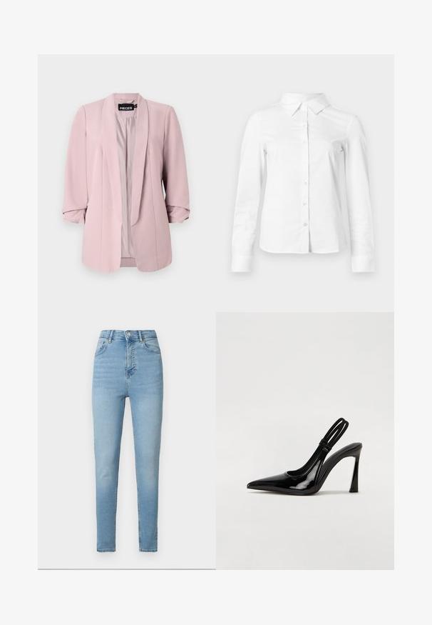 Blazer de color rosa claro, hecho de una tela suave, con cuello de chal, mangas enrolladas y pinzas frontales. El interior está forrado en un color a juego.; Camisa blanca de manga larga con botones, cuello puntiagudo, bajo recto y silueta ajustada, presentada sobre un fondo claro y liso.; Vaqueros pitillo de cintura alta en azul claro con bolsillos delanteros, trabillas, cierre de botón y detalles desgastados en las piernas.; Zapato de tacón con tirante en negro de charol, punta afilada, tacón alto y delgado, y doble tira elástica para un ajuste seguro. Superficie suave y brillante.