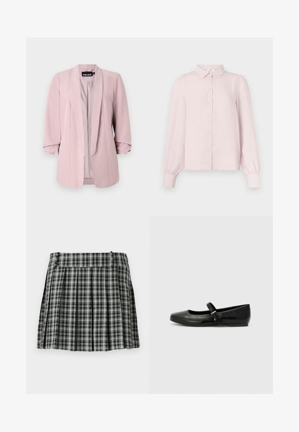 Blazer de color rosa claro, hecho de una tela suave, con cuello de chal, mangas enrolladas y pinzas frontales. El interior está forrado en un color a juego.; Camisa de manga larga de color rosa claro con cuello, cierre frontal de botones y mangas fruncidas, fabricada con un tejido suave y de textura lisa.; Falda plisada de cuadros en blanco y negro con una cintura suave y múltiples pliegues verticales. Fabricada en un tejido ligero.; Bailarinas de cuero negro con punta redondeada, suela plana y una delgada correa ajustable en el empeine que cuenta con una hebilla de metal.