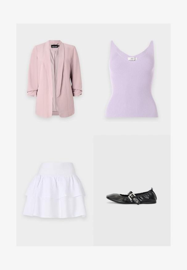 Blazer de color rosa claro, hecho de una tela suave, con cuello de chal, mangas enrolladas y pinzas frontales. El interior está forrado en un color a juego.; Top sin mangas de color lila con un escote en V y un diseño ajustado. El material parece suave con detalles de textura vertical. Etiqueta de la marca visible.; Falda blanca de volantes hecha de un tejido ligero, con un diseño ligero que cuenta con una cinturilla elástica y dos capas con volantes.; Zapato plano de piel negra con puntera afilada, detalle fruncido alrededor de la abertura y un acento de hebilla plateada en la correa ajustable.
