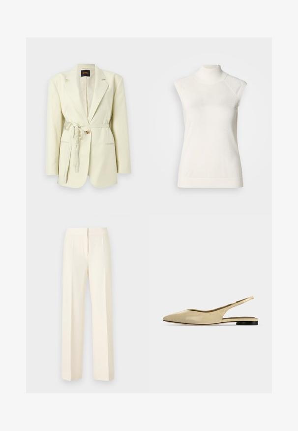 Blazer sur mesure couleur crème avec revers crantés, fermeture à un bouton, poches latérales, et ceinture en tissu nouée à la taille.; Haut sans manches à col roulé blanc en matière douce ; présente une coupe ajustée avec un col montant et une texture subtilement côtelée à l'ourlet.; Pantalon droit sur mesure couleur blanc cassé avec pli avant, ceinture et fermeture avant dissimulée sur un fond uni.; Chaussure plate beige à bout pointu avec bride arrière, petit talon noir et finition en cuir lisse, vue de côté sur un fond uni.