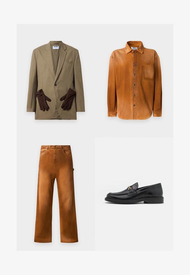 Khaki blazer med enkelt knap, v-formede slag og to frontlommer. Brune handsker placeret i lommen. Glat stof, struktureret design.; Brun langærmet skjorte med knaplukning og krave samt brystlomme, præsenteret mod en ensfarvet hvid baggrund.; Brune vidde bukser med frontlommer, bæltestropper og en hammerstrop på højre side mod en ensfarvet baggrund.; Sorte læder loafers med en rund tå, der har guld hardware accent og syningsdetaljer, placeret på en lav, tekstureret gummisål.